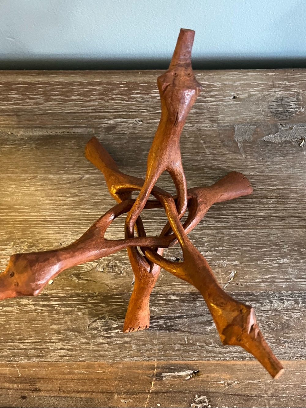 Vintage Hand Carved Intertwined Wood Sculpture trivet Abstract MCM